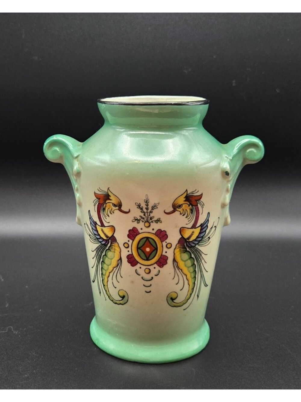 Hand-Painted Czech Vase Mythical Phoenix /Seahorse Amphora Style Vase, Bohemian